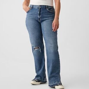 Gap sz 16 / 33 Jeans 90's Loose Mid Rise Raw Hem Distressed Hem Slit Blue Denim